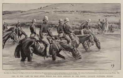 Life in the Camp on Mooi River which has been shelled by the Boers, Cavalry watering Horses